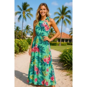 Lucy in the Sky Maxikleid Blumen Neckholder 42 Tropical Print Bindekragen Sommer - Bild 1 von 8