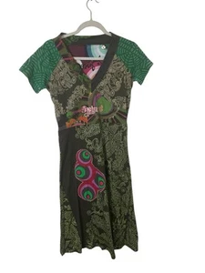 Desigual Overprinted Short Sleeve Dress Medium Cats Birds Mandalas Feathers Boho - Picture 1 of 8