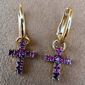 Pomellato Ruby 18k Rose Gold Glory Cross Hoop Huggie Dangle Earrings - Picture 1 of 5