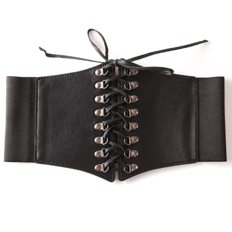 Damen schwarz breit Kunstleder Stretch Gürtel elastisch Korsett Kleid Punk Bund - Bild 1 von 4