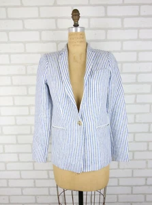 J Crew Schoolboy Blazer Jacket Womens 00 100% Linen White Blue Stripe Preppy - Picture 1 of 18