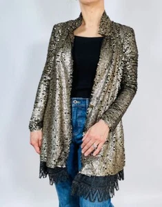 Free People Womans Cardigan Sequin Lace Jacket Size XS Gold - Picture 1 of 8