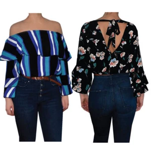 Blusa Top Mujer Damas Rayas Floral Fuera del Hombro Atado Trasero Volantes Manga - Imagen 1 de 15