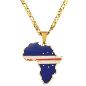 Kap Verdische Flagge Afrika Karte Anhänger Halskette & Geschenktasche, Gold Metall Cabo Kette - Bild 1 von 2