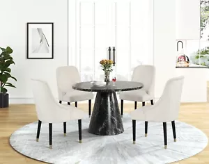 Luxury 5Pc Round Dining Set Black Faux Marble Table Velvet Beige Chairs - Picture 1 of 8