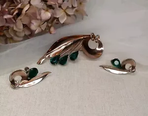 Vintage Set Sterling Silver Brooch & Screw Back Earrings W/ Green Rhinestones  - Picture 1 of 10