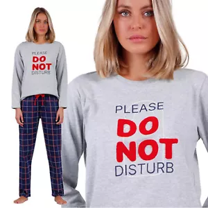 Pyjama Femme Manches Longues Stay At Home Do Not Disturb Col Rond Mêlé Coton - Afbeelding 1 van 8