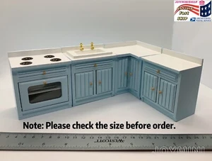 4pc Kitchen set Dollhouse 1:12 Blue Miniature Cupboard Corner Stove Sink Cabinet - Picture 1 of 10