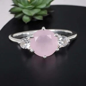 9k Solid Gold 7 MM Round Shape Natural Rose Quartz Ring Cubic Zirconia Ring - Picture 1 of 9