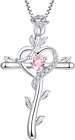 Rose Cross Necklace 925 Sterling Silver Heart Crucifix Pendant Birthstones Jewel