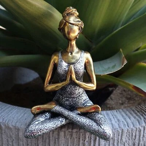 Yoga Donna, Ragazza Figura 24 CM Alto Fatto a Mano Polystone Bronzo Argento - Foto 1 di 1