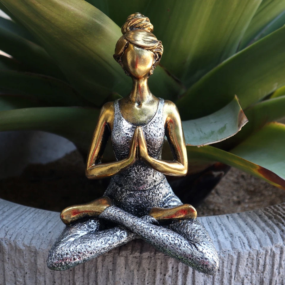 Yoga Donna, Ragazza Figura 24 CM Alto Fatto a Mano Polystone Bronzo Argento - Immagine 1 di 1