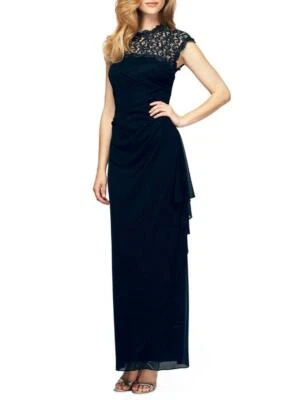 Vestido ALEX EVENINGS 16 Azul Marino Metálico Encaje Cintura Imperio Gasa Nuevo con Etiquetas $189 Foto 1 de 4