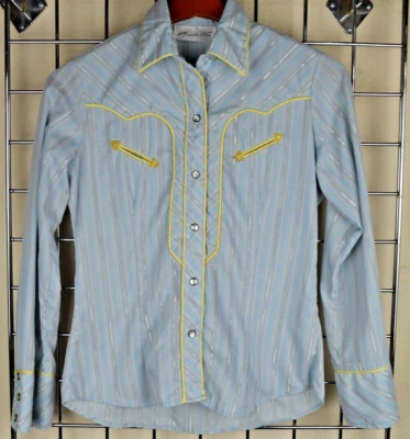 Camisa Vintage Western Pearl Snap Talla S/M Años 70 Avante West Azul Amarillo Tubería Foto 1 de 4