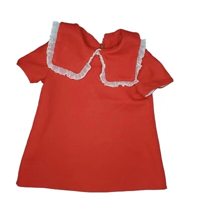 Vintage 50s 60s Girls Red Textured Dress Short Large Collar 18 Month Lace Trim - Image 1 of 4