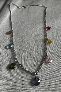 Sterling Silver Rolo Chain Necklace with Multi Color CZ Teardrop Stones 16” NWOT