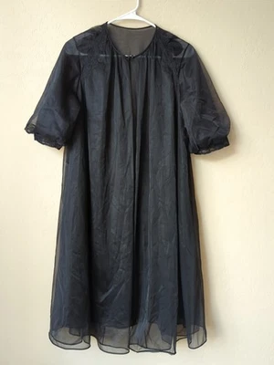 Vintage Vanity Fair 1960 Negro Negligee Peignoir Talla 32 Borde de Encaje de Nailon Transparente Foto 1 de 4