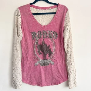 Vintage Y2K Westmoor Mfg Panhandle Slim Cowgirl Lace Pink Henley Western Top S/M - Picture 1 of 9