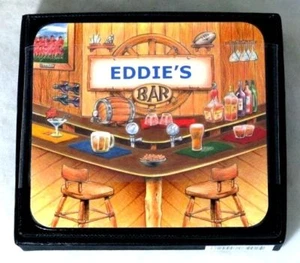 EDDIE'S BAR NAME SET OF 6 CORK BACKED COASTERS - Foto 1 di 1