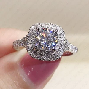 1.79 TCW Cushion Moissanite Double Halo Engagement Ring 14k White Gold Plated - Picture 1 of 9