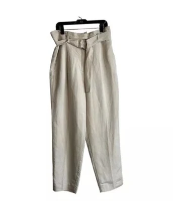 ANN TAYLOR 12 码亚麻裤子腰带锥形高腰卡其色 — 第 1/4 张图片