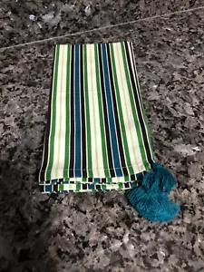 Pier 1 Imports Baumwollserviette neu mit Etikett grün türkis schwarz weiß gestreift mit Quaste - Bild 1 von 3