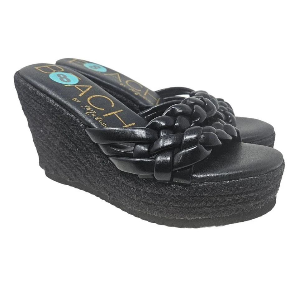 Beach Matisse 8 Sasha Black Braided Espadrille Wedge Sandal Slide Vegan - Image 1 of 4