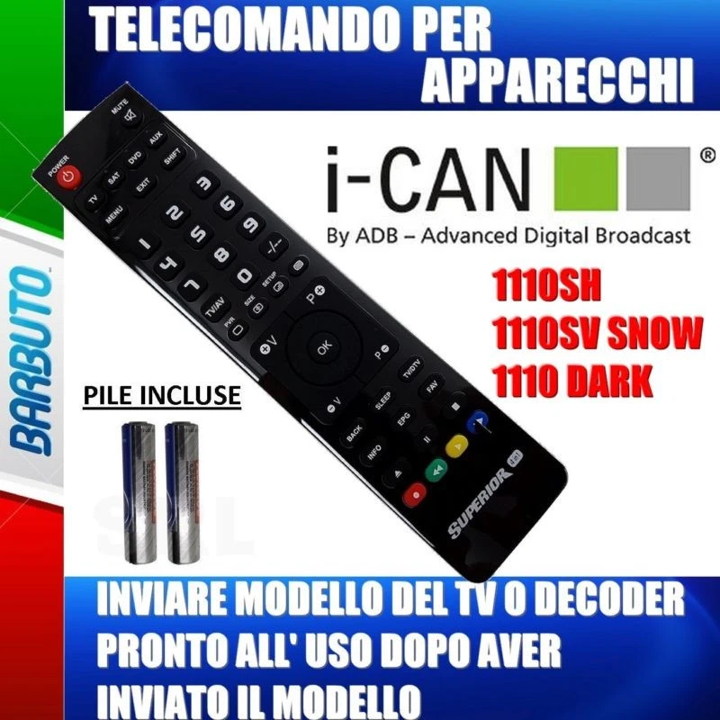 TELECOMANDO SPECIFICO PER  DECODER ADB I-CAN 1110SH 1110SV SNOW 1110 DARK - Immagine 1 di 1