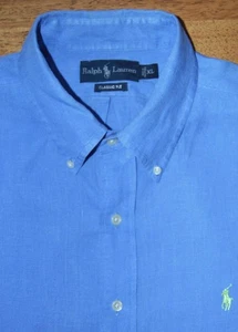 Ralph Lauren Polo XL 100% Leinen einfarbig blau mit Logo Kurzarm Sommer Hemd g5j3 - Bild 1 von 6