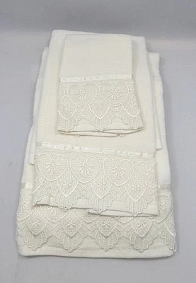 Juego de toallas decorativas 3 piezas 100 % algodón y encaje color crema decoración del hogar  Foto 1 de 4
