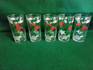 5 VINTAGE HAZEL ATLAS HOLLY BERRY & BELLS CHRISTMAS GLASSES - Picture 1 of 4