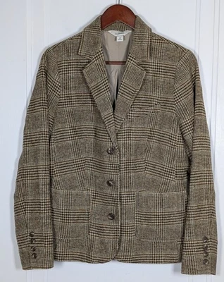 LL Bean 女式中号千鸟格格子羊毛丝绸西装外套 Academia 3 按钮 — 第 1/4 张图片