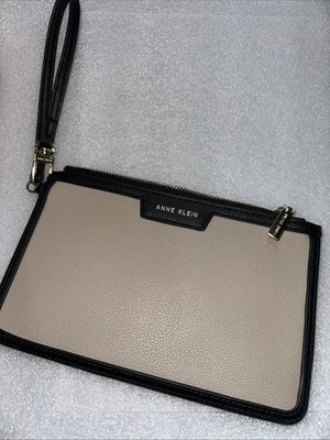 Anne Klein Fashion Clutch Beige Black Gold Zip Close Wristlet Makeup Purse NWOT - Image 1 of 4