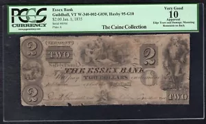 1835 $2 THE ESSEX BANK GUILDHALL, VERMONT OBSOLETE NOTE PCGS VERY GOOD-10 - Picture 1 of 2