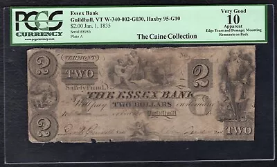 1835 $2 THE ESSEX BANK GUILDHALL, VERMONT OBSOLETE NOTE PCGS VERY GOOD-10 - Image 1 of 2