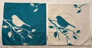 Calitime 2 Pillow Covers. White & Turquoise Birds. New 17.5 in  X 17.5 in - Picture 1 of 3