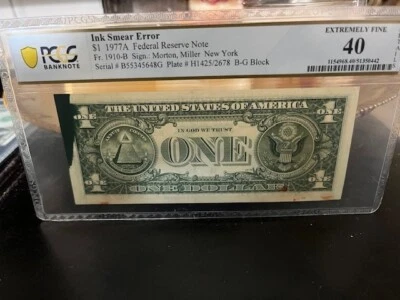 1977A FR #1910-B $1 FRN DOUBLE Red & Green Ink Smear Error Gem PCGS 40 WOW ⭐  - Image 1 of 4