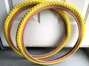 Pair ( 2pcs) YELLOW/GUM WALL BICYCLE TIRES 20" x 1.75 BMX MTB BIKES - Picture 1 of 2