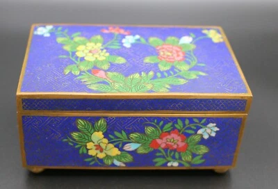 Fina caja de esmalte Cloisonne con motivo de flor azul chino antiguo/vintage Foto 1 de 4