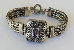 Vintage Bali Sterlingsilber Amethyst byzantinisches Glied vier Stränge Kette Armband - Bild 1 von 14