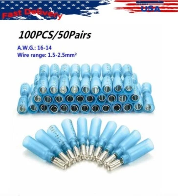 Blue Heat Shrink Bullet Wire Connector 16-14AWG Male/Female Crimp Terminals 100x - Image 1 of 4