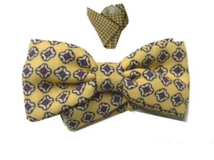 Papillon lana uomo giallo motivi beige blu bordeaux e completo pochette - Picture 1 of 7
