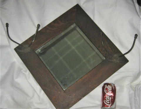 ANTIQUE MISSION ARTS CRAFTS OAK WOOD FRAME MIRROR IRON HOOK HARDWARE SEA SHELL Cover
