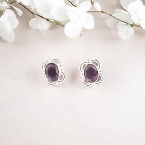 Amethyst Gemstone 925 Sterling Silver Minimalist Earrings Jewelry For Girlfriend - Picture 1 of 4