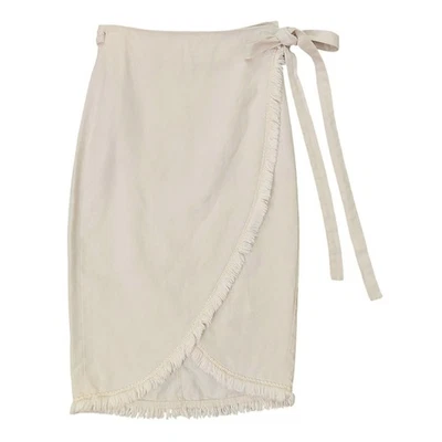 Falda envolvente Reformation para mujer pequeña beige mezcla de lino flecos retro playa  Foto 1 de 4