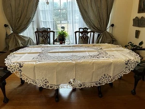 Vintage Battenberg Lace Tablecloth White Oval 84” X 66” + 8 Napkins New NWT - Picture 1 of 15