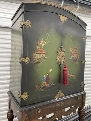 Gabinete Chinoiserie, Laca Verde Oriental Pintado a Mano, Vintage/Antiguo L00K Foto 1 de 4