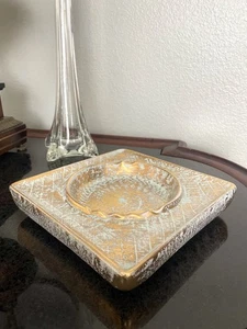 Vintage Stangl Pottery Aqua and Gold Square Ashtray Trinket Dish 1960 Retro Deco - Picture 1 of 6