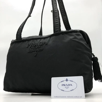 Prada Vintage Bead Logo Fringe Nylon Mini Black Handbag Tote Authentic - Image 1 of 4