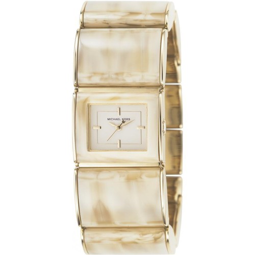 NUOVO OROLOGIO MICHAEL KORS ACRILICO CORNO + TONO ORO BRACCIALE RETTANGOLARE MK4187